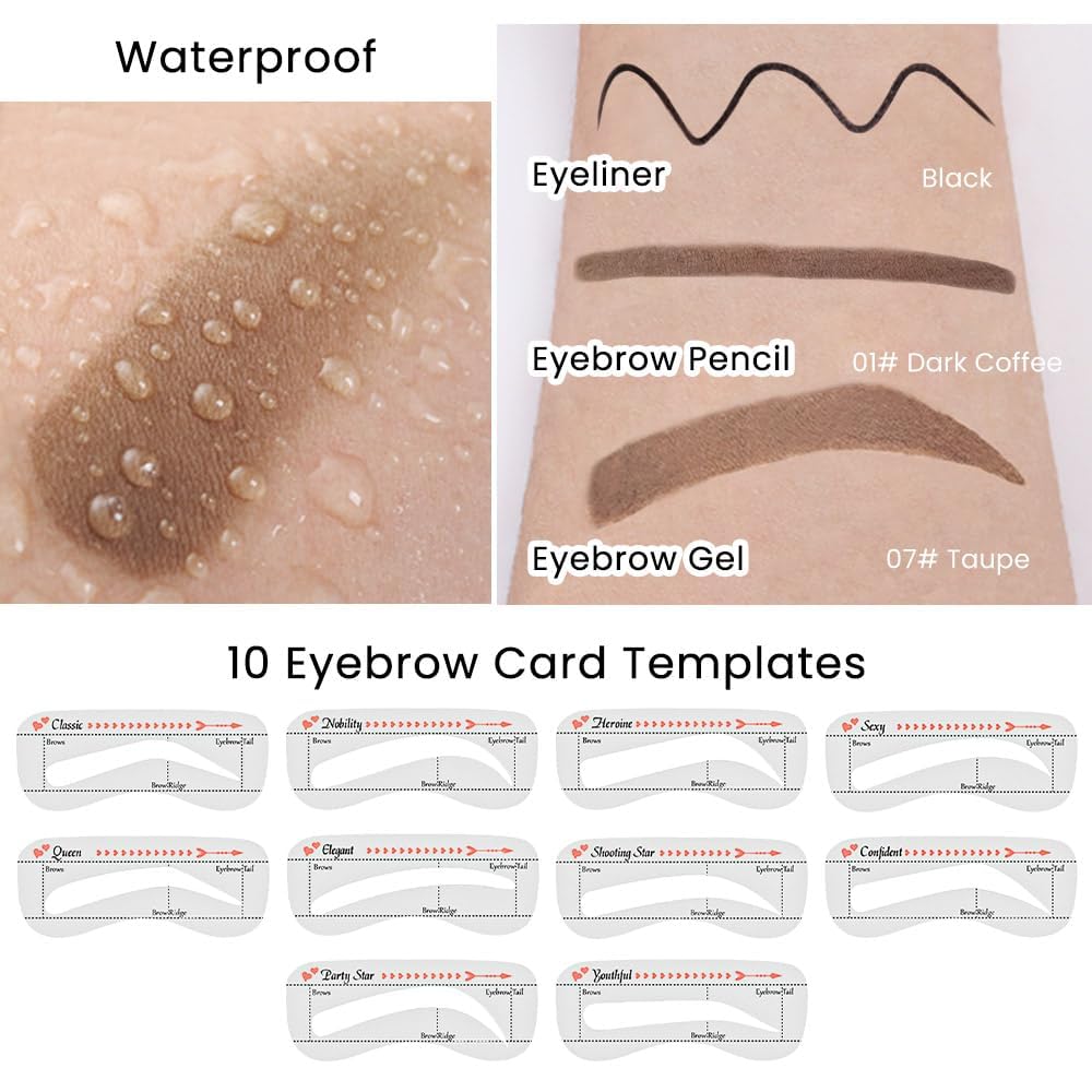 evpct Eyebrow Stencils Kit for Women Shaping, Eyebrow Shaper Makeup Kit, Eye Brow Stencil Shaper Tinting kits for Women, with Eyeliner, Eyebrows Pencil, Pomade, Brush and 10 Stencils, 07# TAUPE