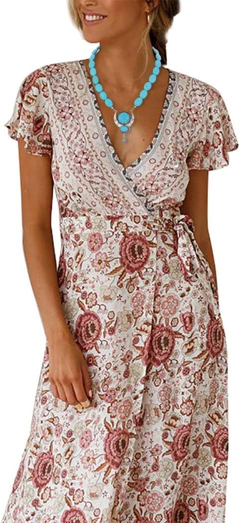 Y2K Necklace Puffy Turquoise Beaded Necklaces Pendant Boho Necklace Leather Choker Wrap Necklaces Jewelry for Women