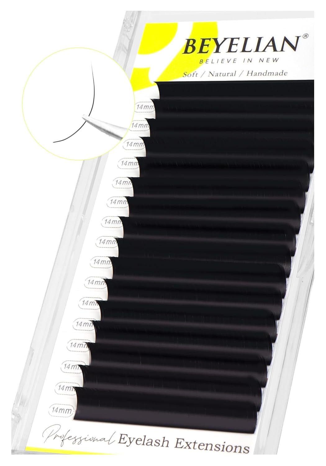 BEYELIAN Eyelash Extension 0.05 D+ Curl 14mm Tray Easy Fan Lash Extensions Volume Lashes 100°/212°F High Temperature Resistant Classic Professional Use Natural Matte Black (0.05 D+ 14mm)
