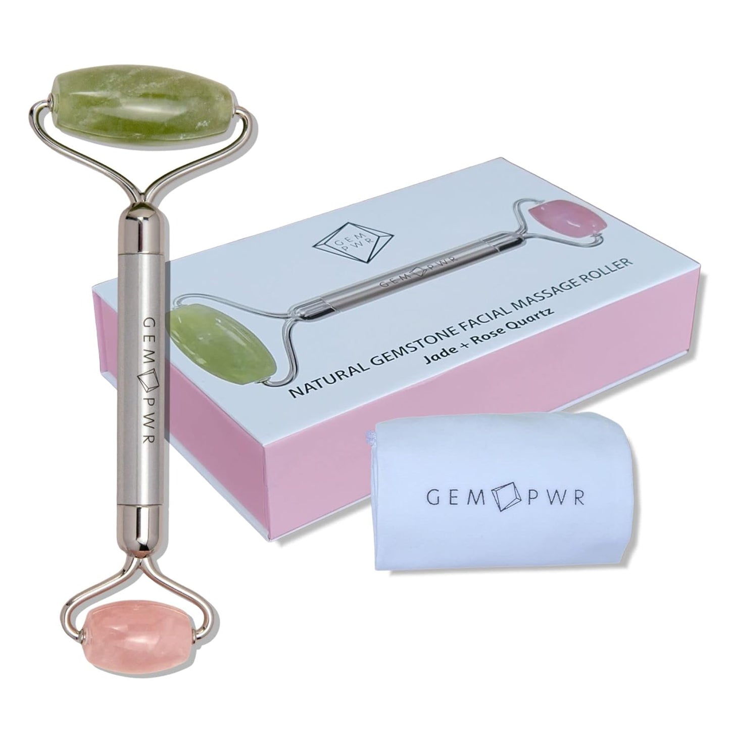 Rose Quartz + Jade Roller for Face and Neck Massage, Dual Gemstones with Durable Steel Handle and Travel Bag. Minimize Wrinkles, Reduce Puffiness and Restore Skin's Elasticity and Radiance