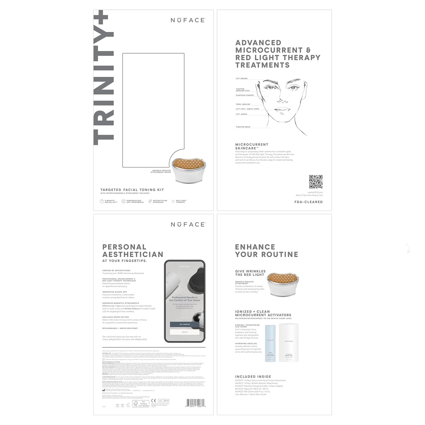 NuFACE TRINITY+ Microcurrent Facial Device + LED Red Light Wrinkle Reducer Attachment - FDA Cleared Skin Tightening Device + Microcurrent Gel Activator & Silk Creme