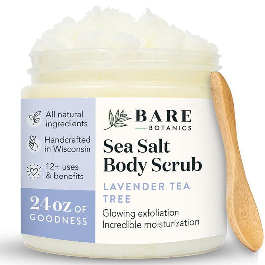 Bare Botanics Lavender Tea Tree Body Scrub 24oz | Made in Madison, WI | All Natural Sea Salt Exfoliator w/ Skin Loving Moisturizers | Vegan & Cruelty Free | Gift Ready Packaging w/ a Cute Wooden Spoon