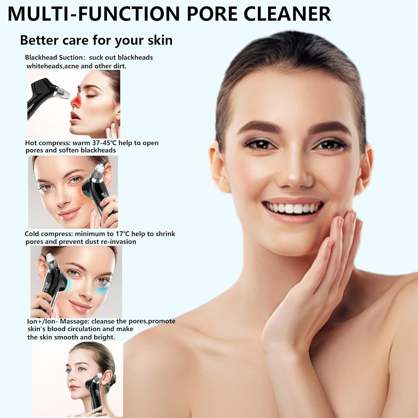 Blackhead Remover Vacuum Face Suction Pore Cleaner with Hot&Cold Compress Positive&Negative Ion Massage Nose Whitehead Remover Pimple Sucker with 5 Probes Pore Extractor Tool… (Black)