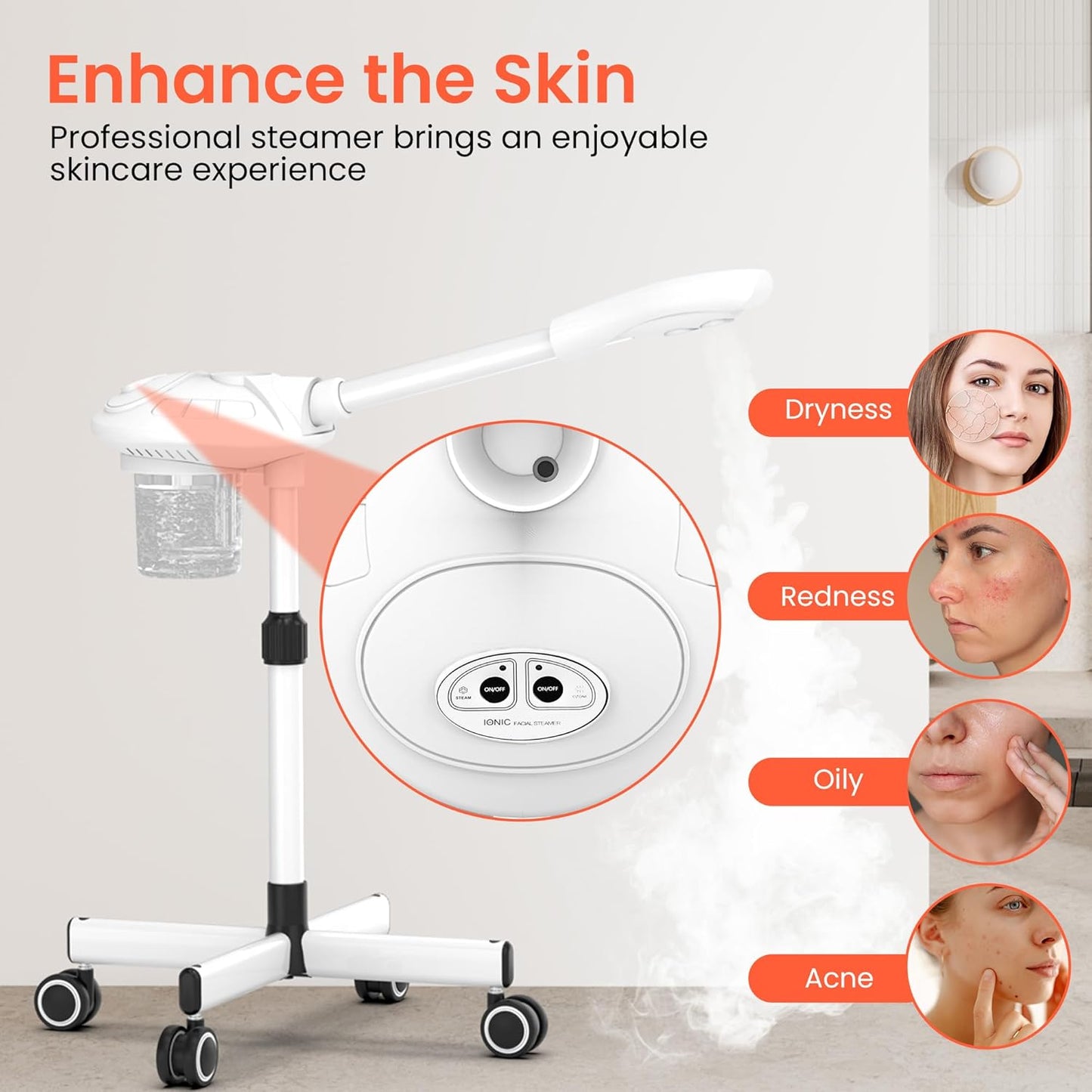 TASALON Professional Facial Steamer with Ozone, Vapor ozono Facial Steamer Professional for Clean Skin, Firm Pores, Esthetician Steamer for Home or Salon Use, Adjustable Height and Angle,White