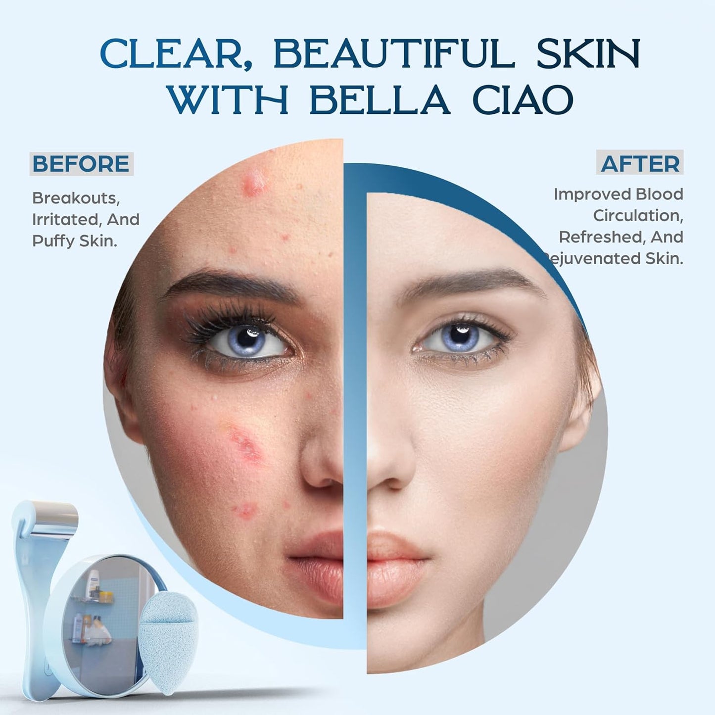 Bella Ciao 3-in-1 Skin Care Set for Women, Skin Care Set for Teen Girls, Contains: Shower Mirror, Ice Roller Facial Massager, Makeup Removal Sponge, Great Gift for Women, Girls