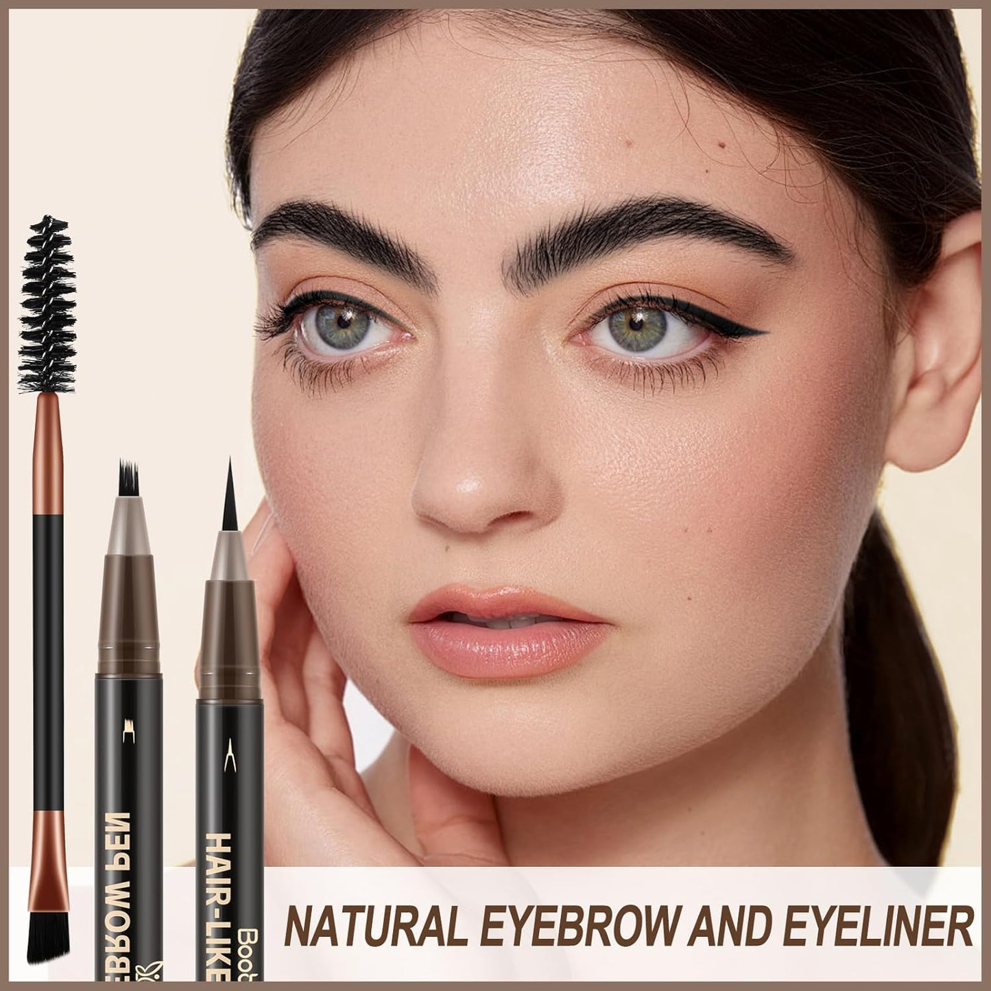Boobeen 2pcs Waterproof Eyebrow Pen，Dual-Ended Eyeliner Microblading Eyebrow Pencil for Women，Long Lasting Hair-Like Brow Pen with Brow Brush，Dark Brown
