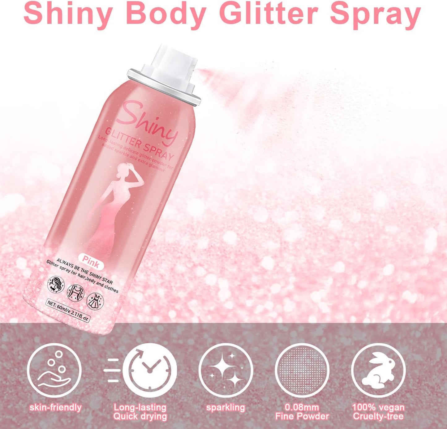Hair and Body Glitter Spray, Holographic Glitter Highlighter Powder, Hairspray for Clothes, Face Body Shiny Glitter, Loose Shimmer Hairspray Festival Rave Prom Accessories, 2.11 Fl Oz (Pink)