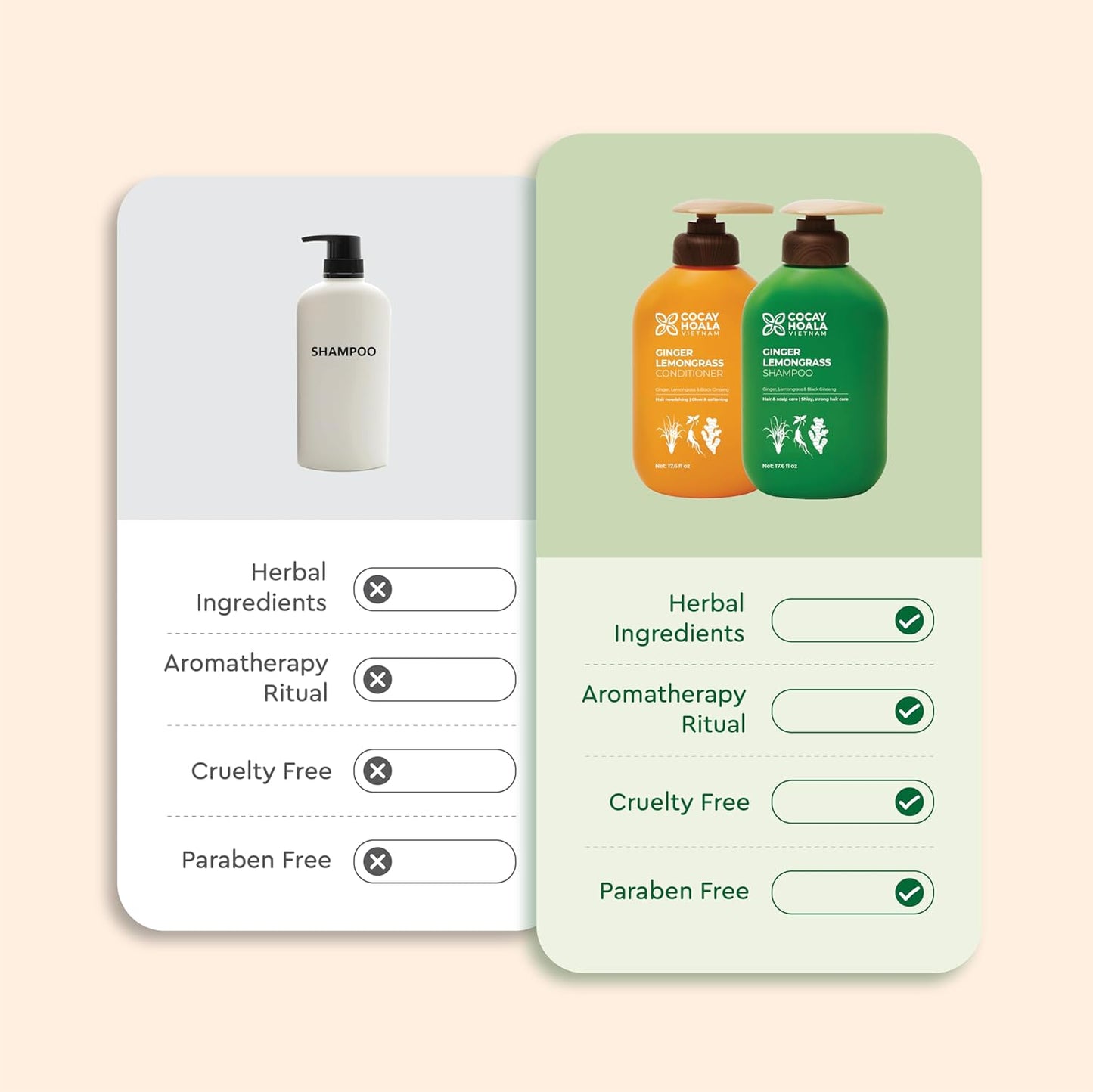 Vietnam's Touch | COCAY HOALA Ginger Lemongrass Shampoo and Conditioner Set for Hair Growth – Moisturizing & Soft Hair, Deep Cleansing for Oily Roots – Paraben Free (17.64 oz, 2 Pack)