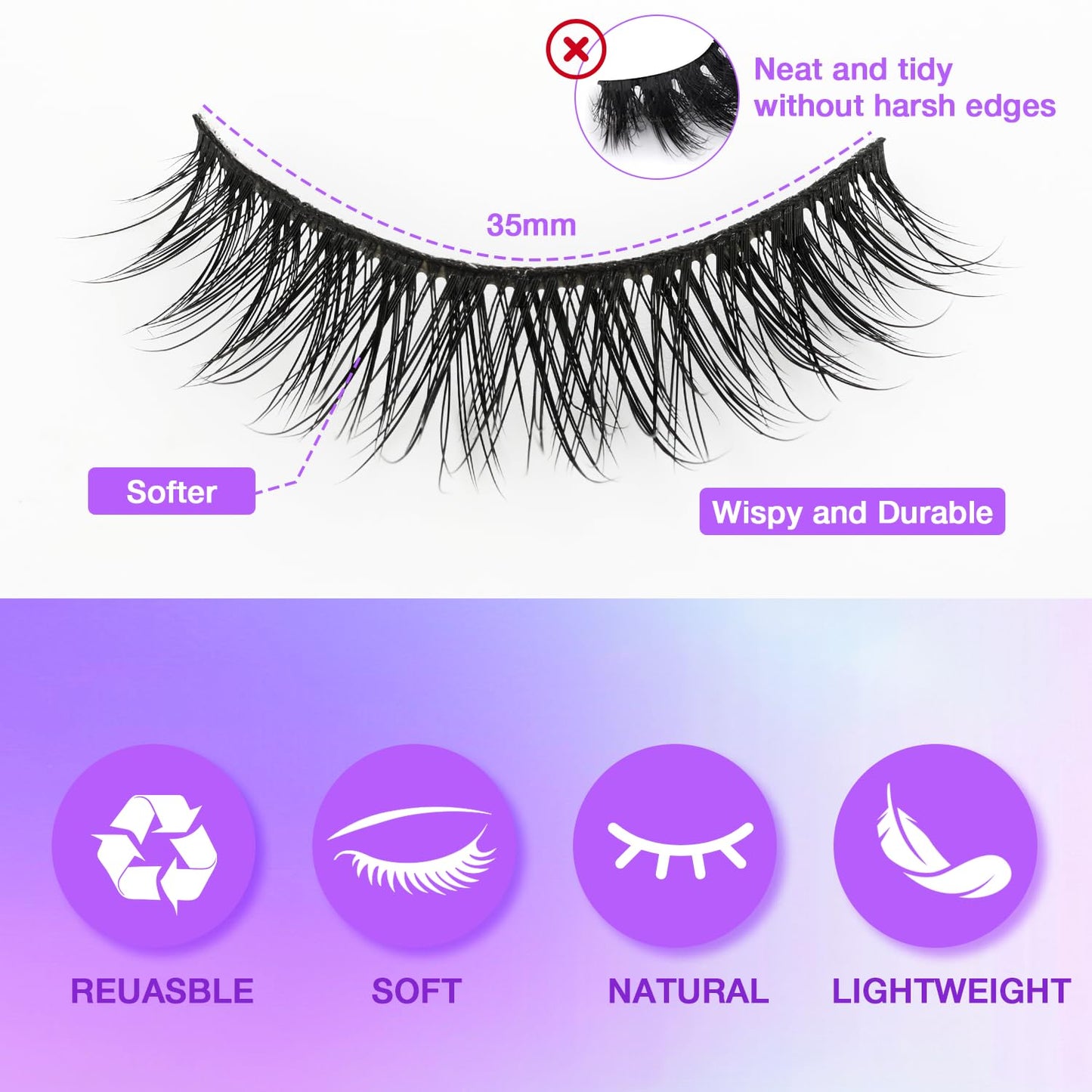 Wispy False Eyelashes Kit With Bond, Seal and Tweezer, 7 Pairs Natural Look Fake Cat Eye Lashes Strips Thin Band Extensions Waterproof Easy Eyelashes for Beginners RQ01
