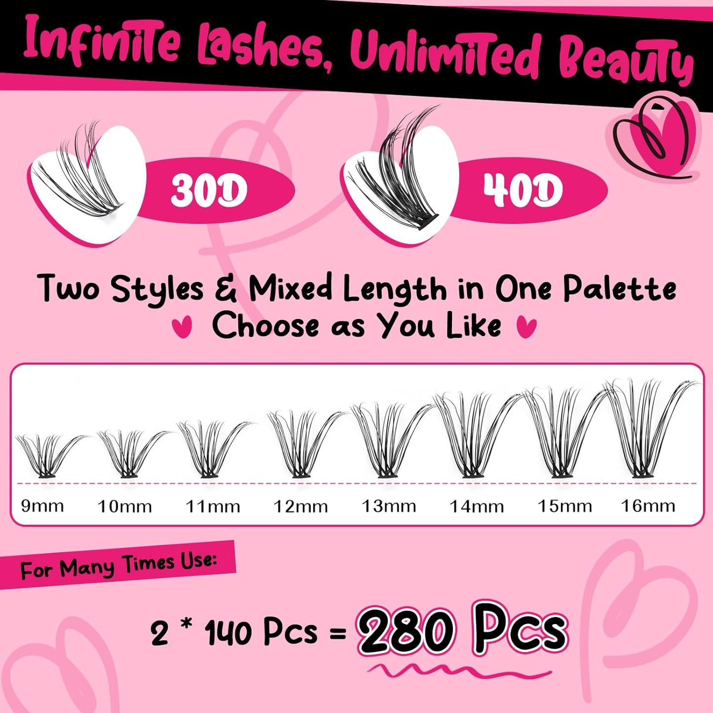 Lash Clusters Kit 280Pcs Lash Clusters Eyelash Extension Kit with Lash Bond and Seal Lash Remover Lash Applicator Individual Lashes Kit Eyelash Brush Easy to Apply at Home(30D+40D-9-16mix Kit)