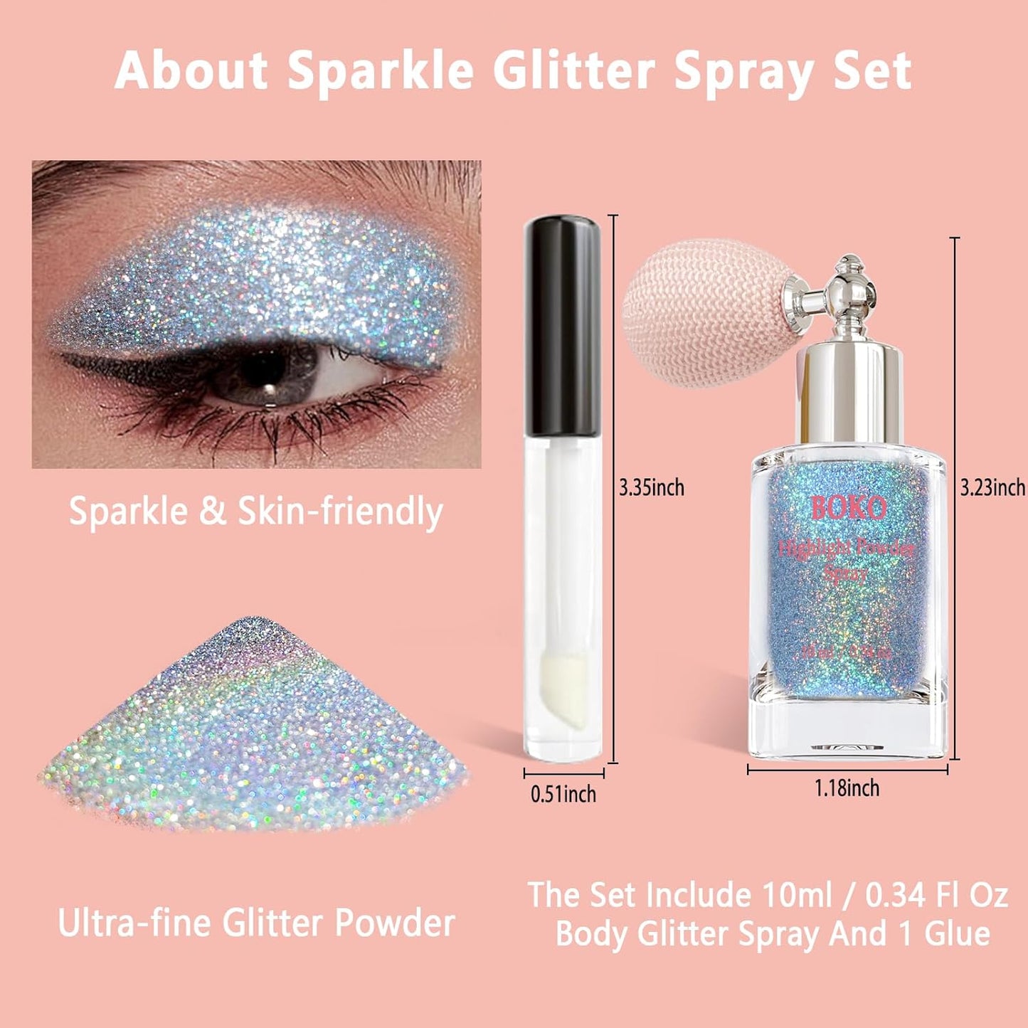 Boko Body Glitter Spray, Iridescent Glitter Spray for Sparkling Body Face Hair Nail Clothes, Hair Glitter Spray Body Shimmer Powder for Highlighter Makeup Festival Concert Party Rave Accessories