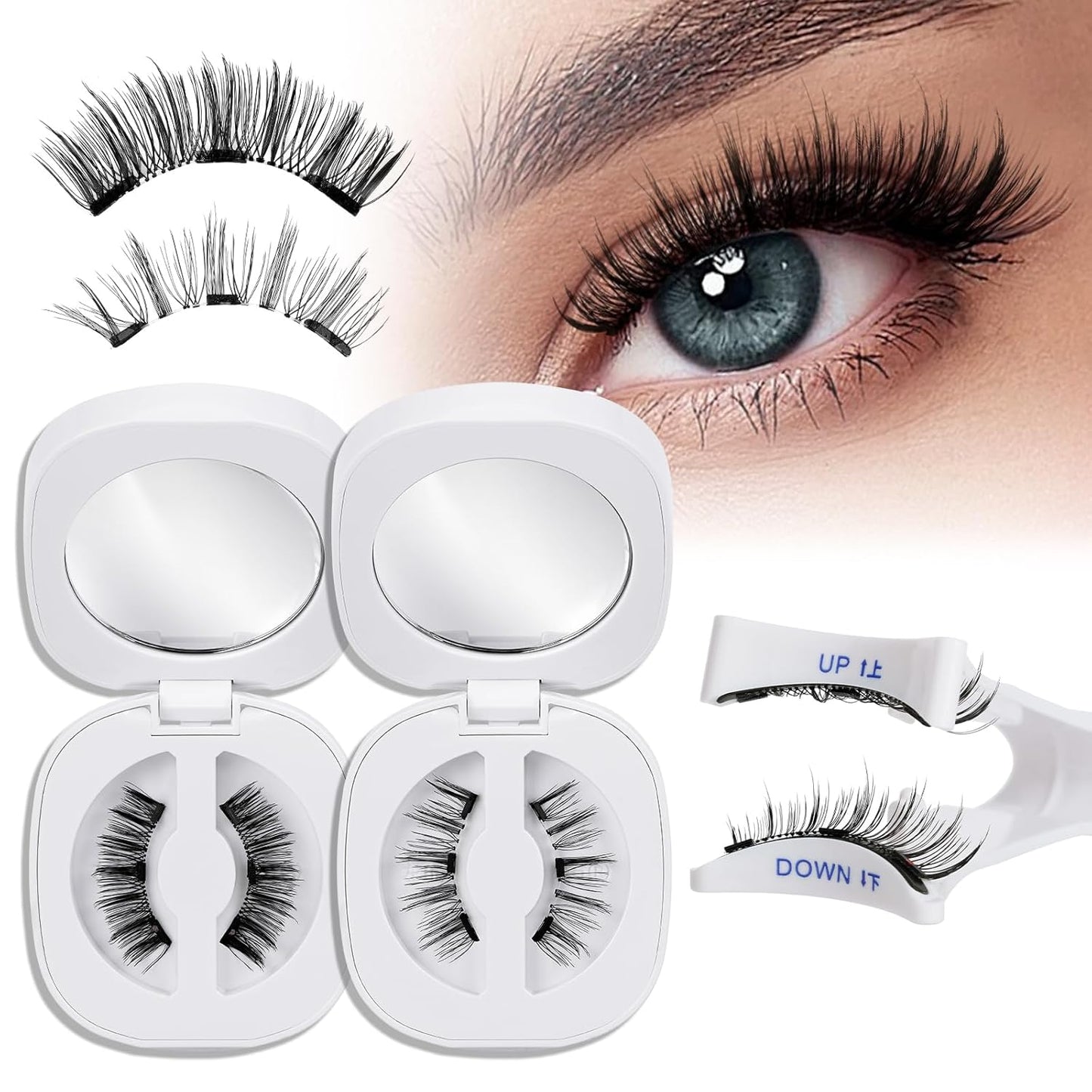 QUEWEL 2 Pairs Magnetic Eyelashes, Reusable No Glue Needed Magnetic Eyelashes Kit with Applicator Lash Clusters Kit without Eyeliner Easy to Wear and Remove (G-YC-C+F01)