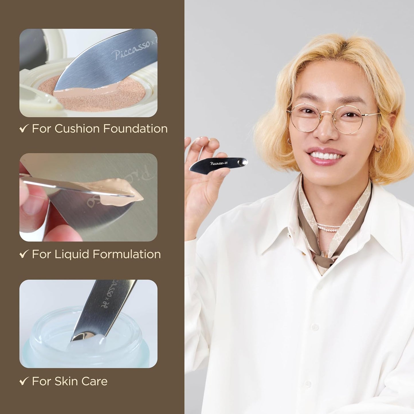 Piccasso 2-Way Makeup Spatula – Professional Foundation & Skin Care Spatula for Face, Dual-Ended Stainless Steel Tool for Precise and Hygienic Application, Includes Leather Case