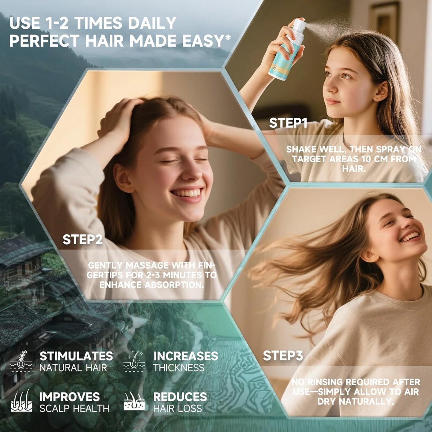 Hair Growth Serum - Rosemary Batana Rice Water Biotin Hair Spray for Hair Growth - Hair Growth Thickening Product - Hair Loss Treatments for Women Men(60 ML/2.0FL.oz)