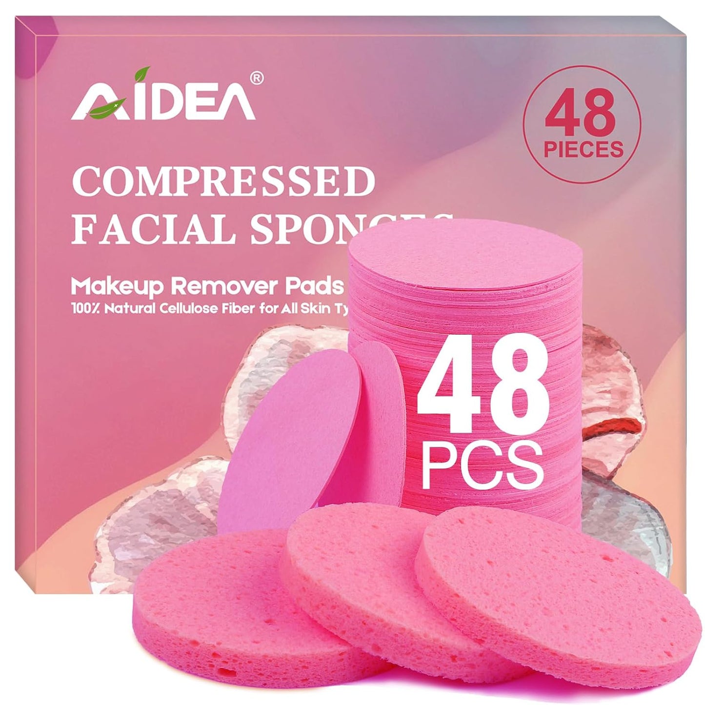 AIDEA 48-Count Compressed Facial Sponges Pink, Face Cleansing Pads, 100% Natural Cellulose Cosmetic Spa Sponges for Facial Cleansing, Exfoliating Pads, Mask Removal, Travel Essentials for Women