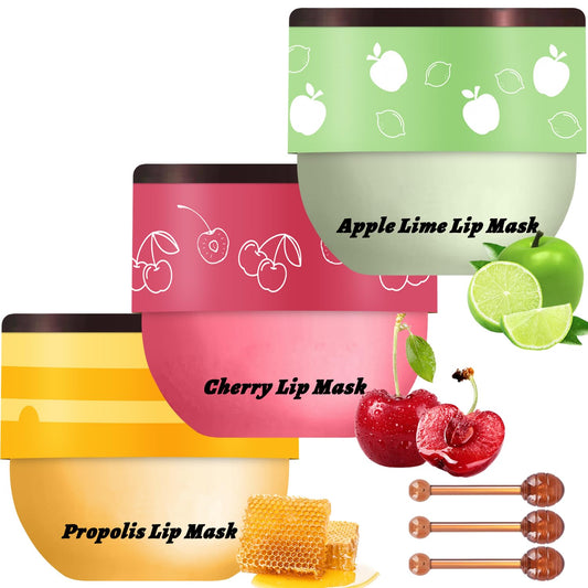 3 PCS Bee Lip Balm Mask Honey Pot, Watermelon, Cherry & Coconut Propolis Moisturizing, Hydrating Prevention for Dry and Cracked Lips, Scrubs Exfoliator (Cherry, Honey & Apple Lime)