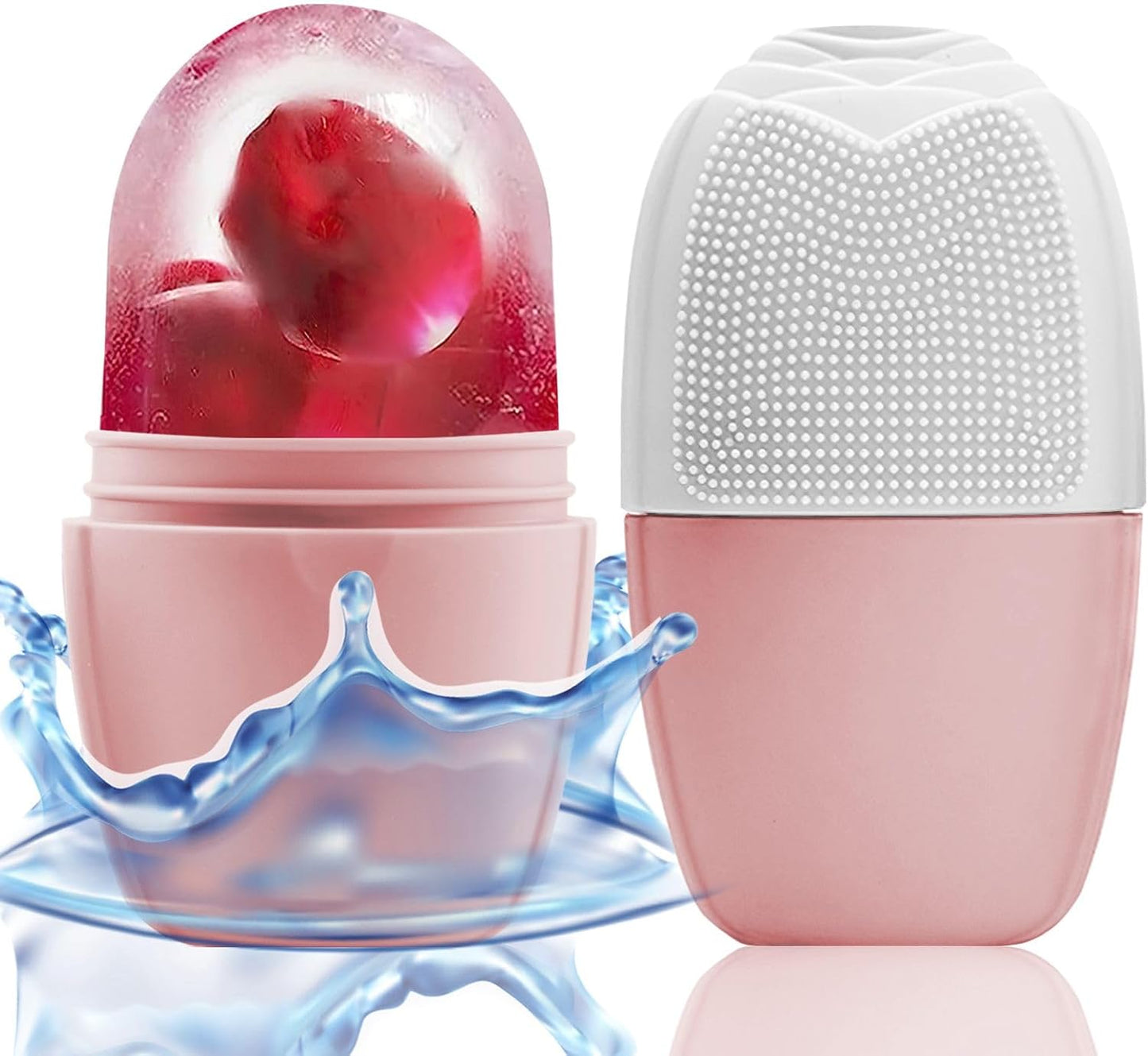 KOGITI Ice Mold for Face & Eye, Beauty Facial Roller, Puffiness Relief Massage Skin Care Tool, Ice Cube Holder (Brush-Pink White)