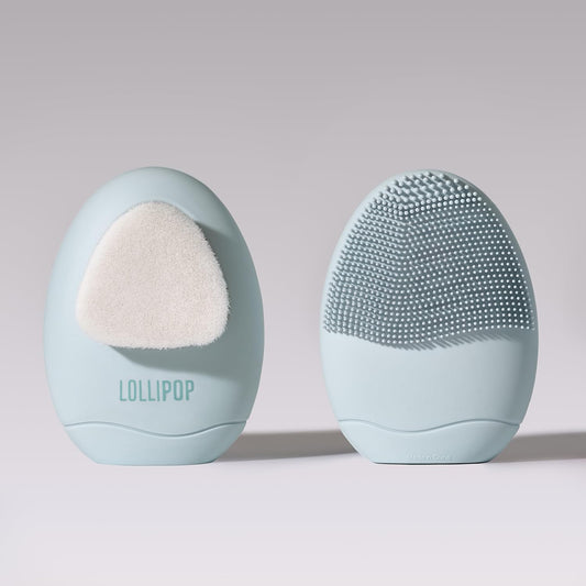 LOLLIPOP Dual-Sided Facial Cleansing Brush | Palm Size Silicone Face Exfoliator and Soft Fiber Cleanser | Manual Face Scrubber for Pores, Makeup Removal, Blackhead and Skincare Routine, Oceanic