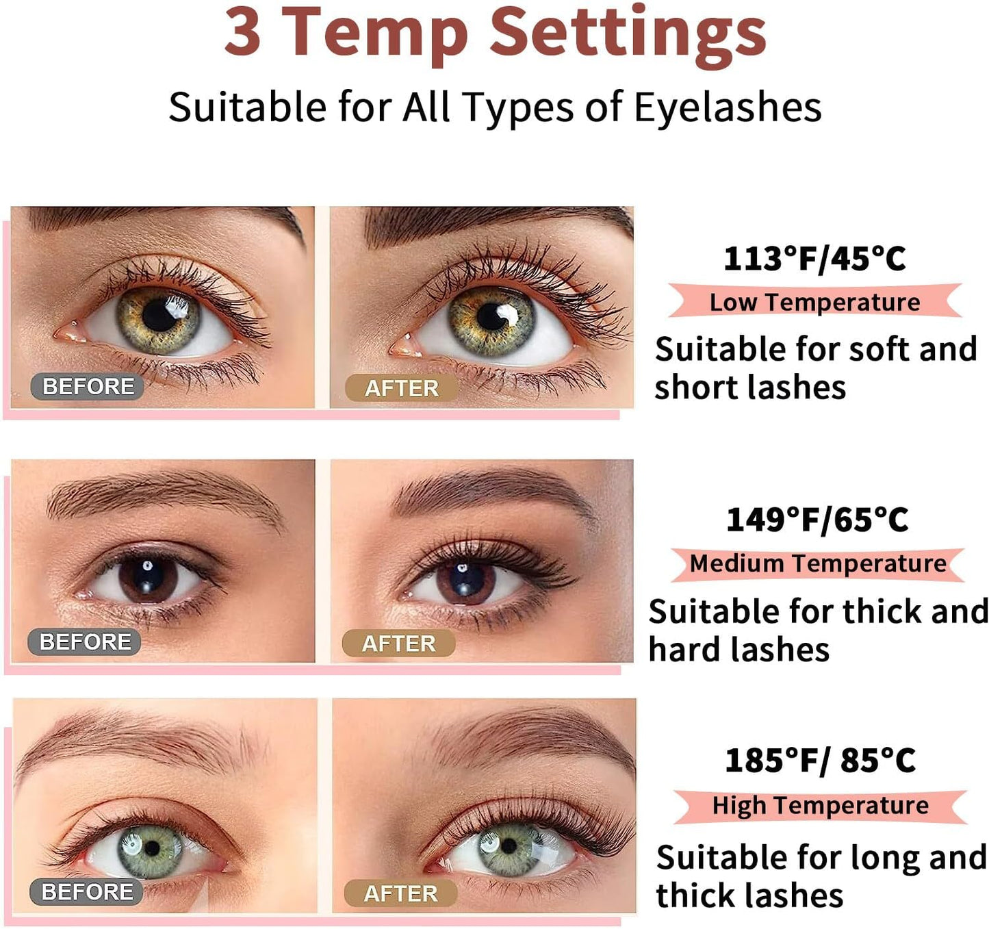 Heated Eyelash Curlers, Heated Lash Curler Rechargeable Eyelash Curler Natural 24 Hours Long-Lasting, Electric Eye Lash Curler Heat with 3 Temp Settings Tool for Girls, Pink