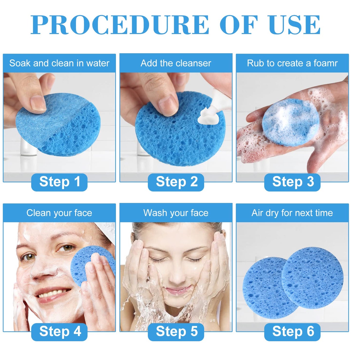 50-Count Facial Sponges Compressed Natural Cellulose Sponge Round Shape Face Sponge for Face Cleansing Exfoliating and Makeup Removal, Blue
