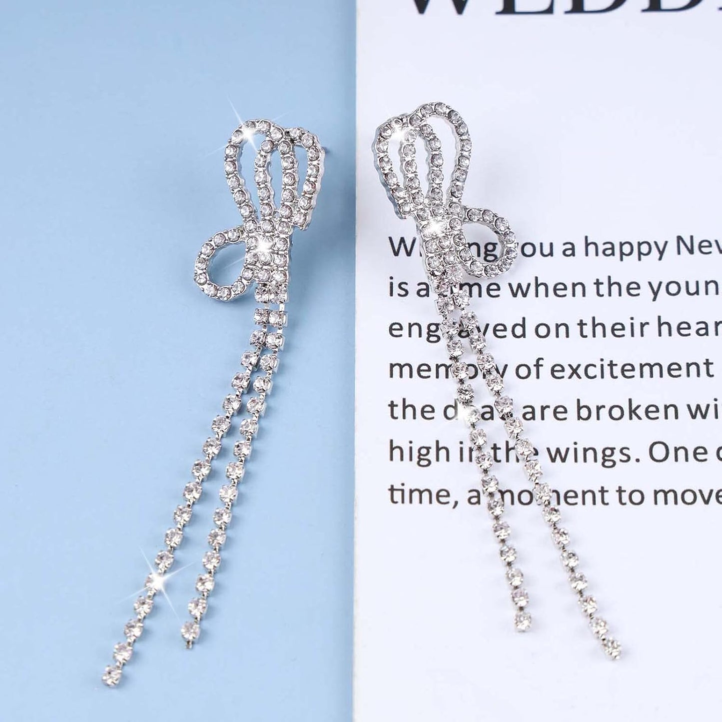 Vintage Crystal Chandelier Drop Earrings Long Rhinestone Chain Earrings Silver Cz Bow Tassel Earrings Sparkly Bridal Tennis Chain Earrings Jewelry for Women