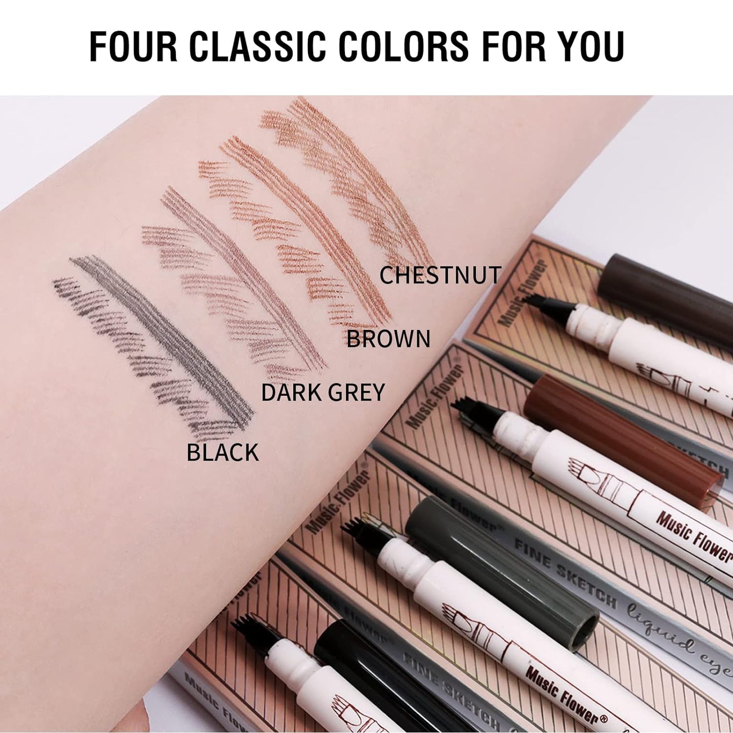 Music Flower Eyebrow Pencil, Liquid Eyebrow pen, Waterproof Brow Pen with Micro-Fork Tip, Fine Sketch Long Lasting Smudgeproof Microblading Pen - Chestnut