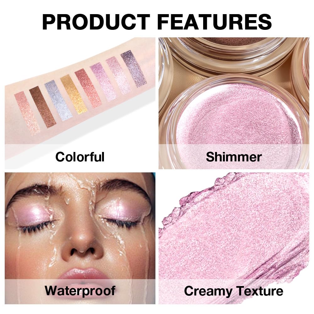 Cream Glitter Soft Pink Shimmer Metallic Eyeshadow Palette Makeup, Natural Single Mini Instant Holographic Eyeshadow For Women, Sombras Crema Para Ojos, Talc, Paraben & Cruelty Free