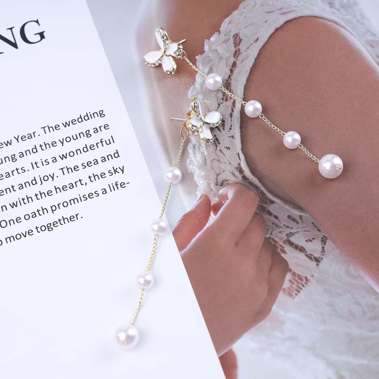 Vintage Crystal Butterfly Pearl Earrings Long pearl Drop Earrings Gold Pearl Tassel Chain Earrings Sparkly Cz Butterfly Stud Earrings Jewelry for Women