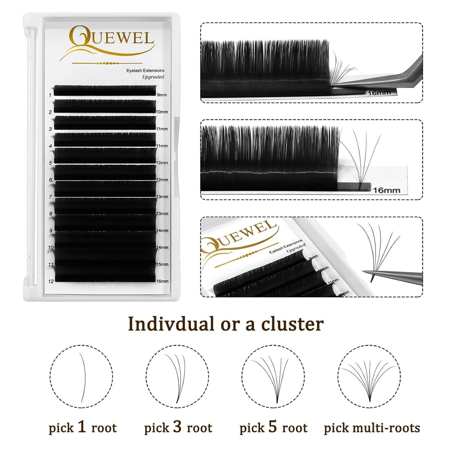 Easy Fan Volume Lashes 0.07 D Curl Black Volume Lash Extensions 9-16mm Mixed Lash Tray Color Lashes Extension Self Fanning 2D-10D Eyelash Extensions by QUEWEL (Black 0.07 D 9-16mm)