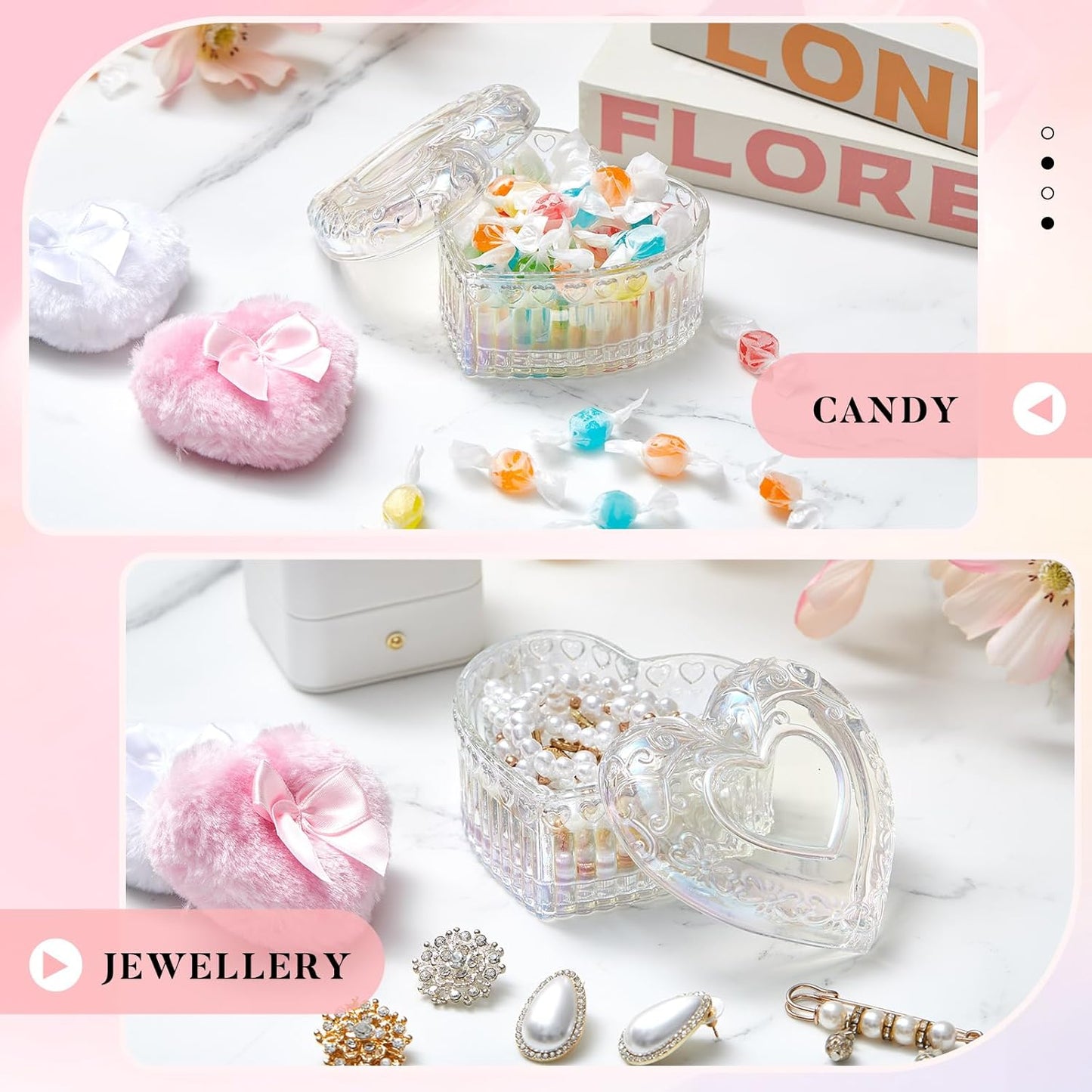 Tioncy 3 Pcs Large Body Powder Puff and Powder Container with Puff Crystal Container Soft Washable Reusable Velour Face Body Glitter Wet Dry Makeup Heart(Dazzling)