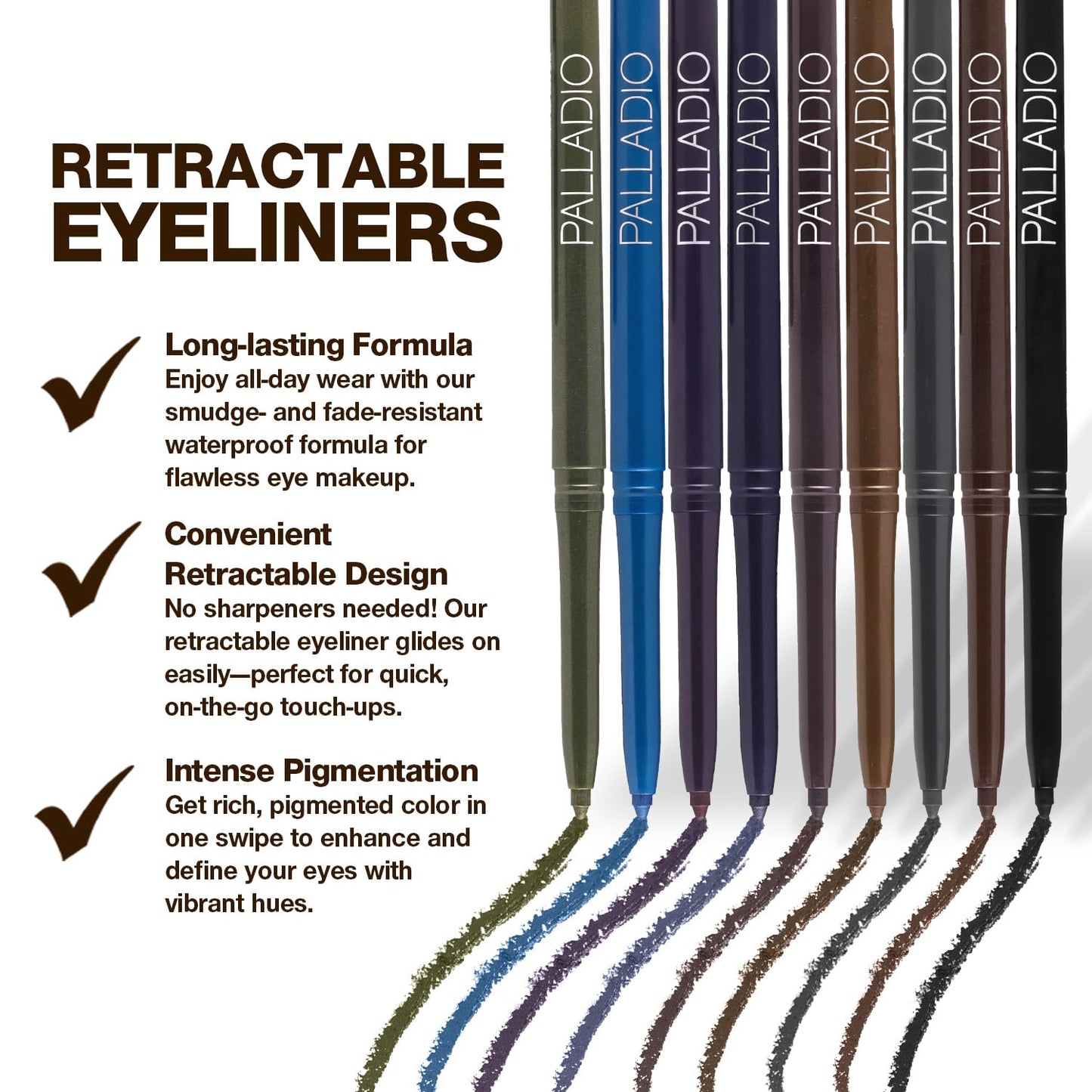 Palladio Retractable Waterproof Eyeliner, Richly Pigmented Color and Creamy, Slip Twist Up Pencil Eye Liner, Smudge Proof Long Lasting Application, All Day Wear, No Sharpener Required, Black Brown