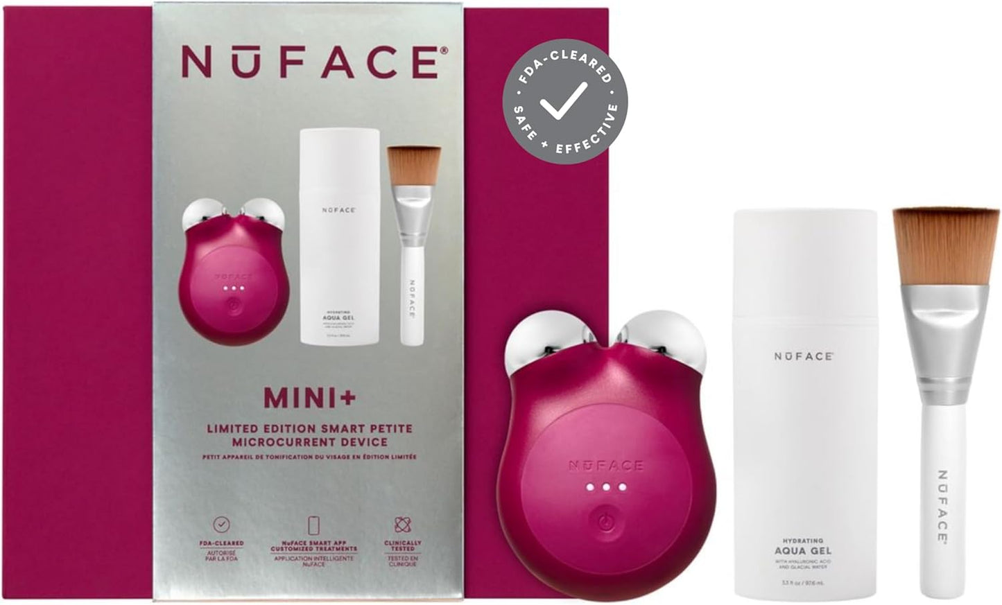 NuFACE MINI+ Microcurrent Facial Device Kit - Limited Edition FDA Cleared Face Massager Device + Microcurrent Gel Activator & Applicator Brush - Velvet Rose