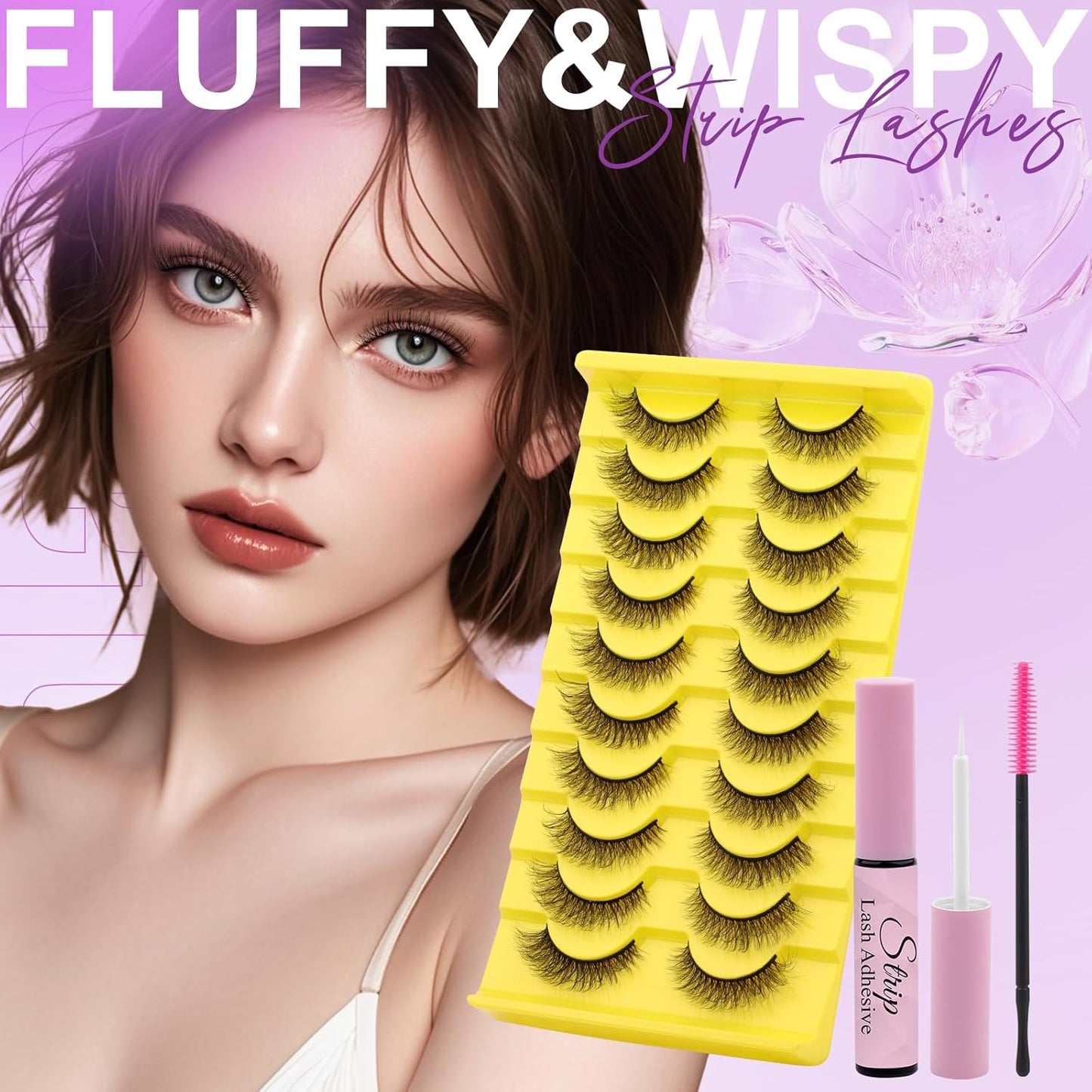 Strip Lash with Glue for DIY Lash-users: 10 Pairs, DIY, Natural Look, Fluffy, Manga, Wispy, Waterproof, Anime, Cat Eye, D Curl, JN17
