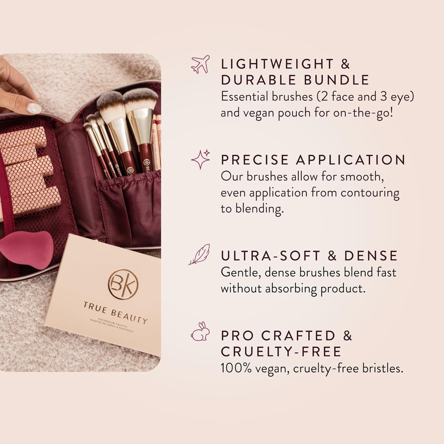 BK BEAUTY Travel Brush Set with Pouch 5-Piece Vegan, Cruelty-Free Brushes for Face & Eyes | Lightweight, Durable Makeup Brushes in Vegan Leather Pouch Perfect Travel-Size Makeup Brush Set
