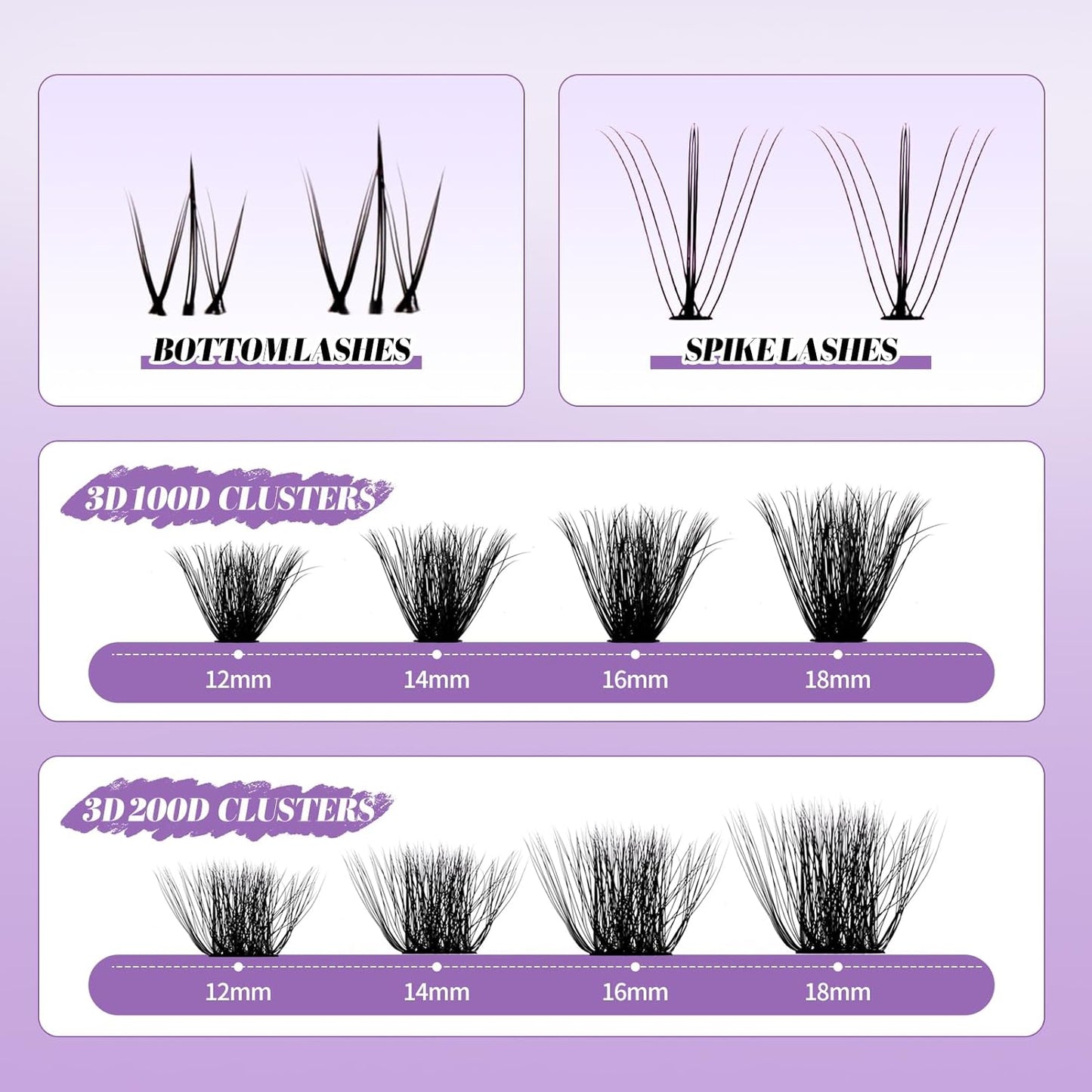 Lash Clusters With Bottom Lashes 100/200D 3D Curl 12-18mm Multi-types Individual Clusters Eyelash Extensions, Spike, Wispy Lash clusters(100/200D-3D)
