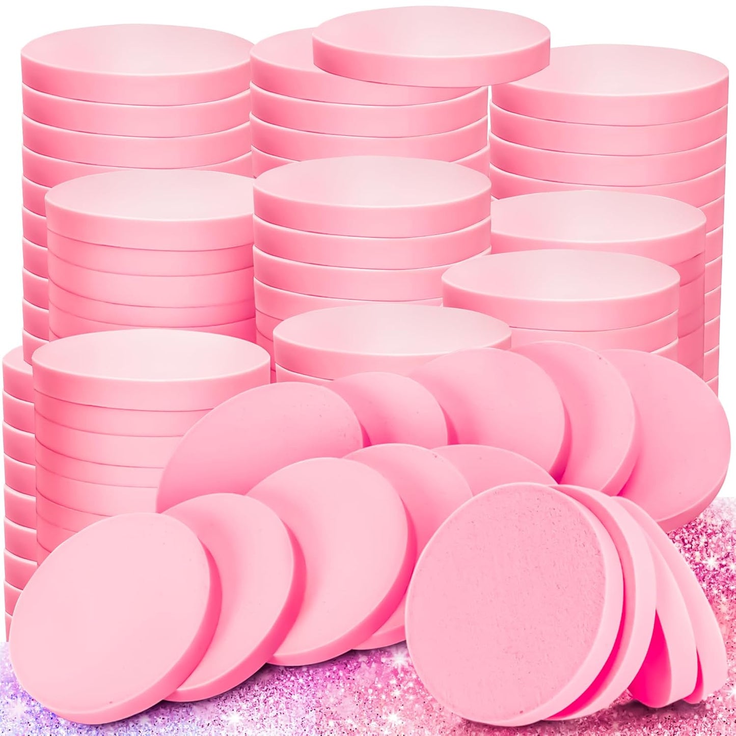 MotBach 100 PCS Pink Round Makeup Sponge, Cosmetic Sponge Round Foam Pad Eye Facial Powder Puff, Beauty Makeup Foundation Powder Blender for Women Lady All Skin Types Wet and Dry Dual Use