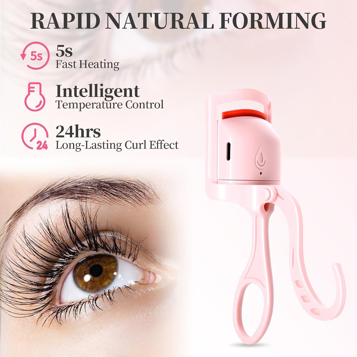 Heated Eyelash Curler, Rechargeable Electric Eyelash Curlers Fast Heat Up in 5s for 24 Hours Long Lasting, C-Shaped Safe Anti-Burn Quick Natural Eyelash Separator Tool Lash Comb (Pink)