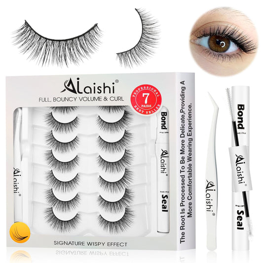 Wispy False Eyelashes Kit With Bond, Seal and Tweezer, 7 Pairs Natural Look Fake Cat Eye Lashes Strips Thin Band Extensions Waterproof Easy Eyelashes for Beginners RQ46