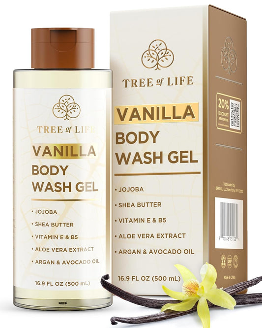 Tree of Life Vanilla Body Wash Gel - Moisturizing Shower Gel with Jojoba Oil and Shea Butter Hydrating Body Wash for Sensitive Skin and All Skin Types, 16.9 fl oz