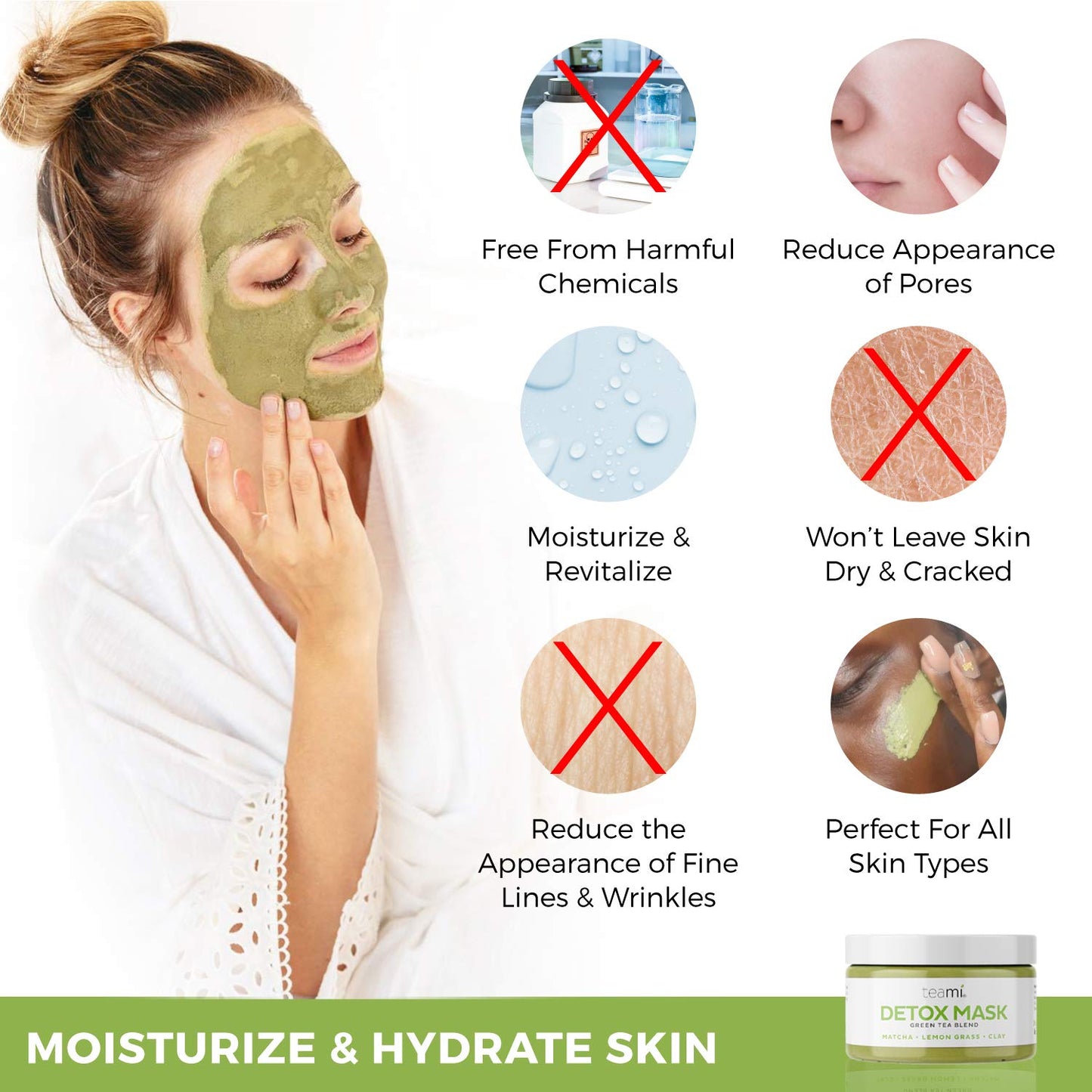 Teami Detox Face Mask for Hydraiting, Moisturizing & Purifying, Blackhead Remover Green Tea Deep Cleanse Mask reduces Acne & oil, Pore Minimizer Clay Mask for All Skin Types, Stick Mask Alternative