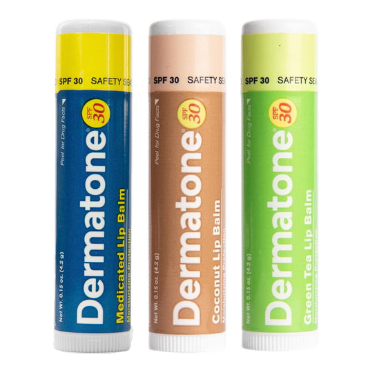 Dermatone Lip Balm Variety Pack | Moisturizing Lip Care | Soothe & Replenish Chapped Lips | SPF 30 | Aloe, Tea Tree Oil | 3-Pack (Coconut, Green Tea, Original)