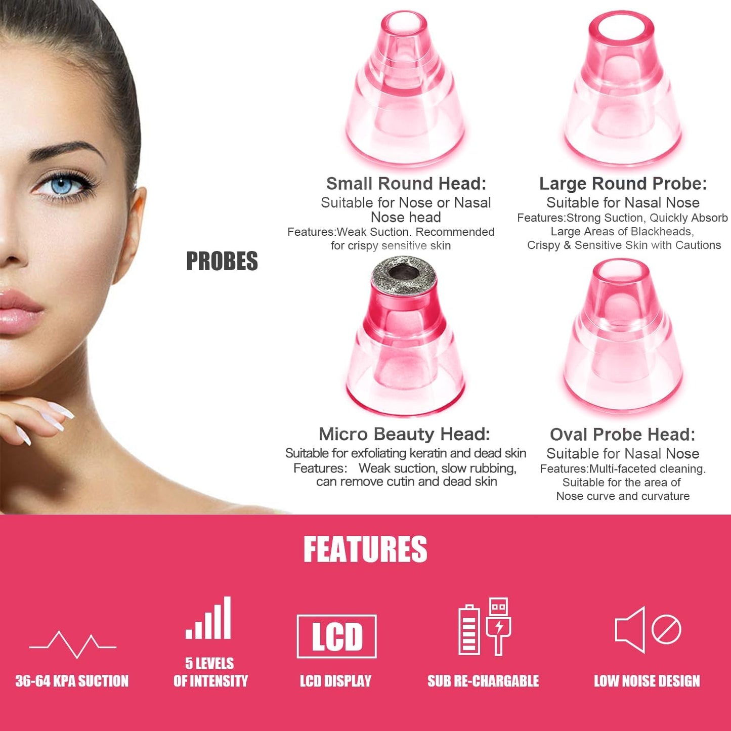 Blackhead Remover Pore Vacuum, Face Suction Pore Cleanser, 5 Suction Power Electric Blackhead Extractor Tool, 4 Probes, Blackhead Suction Remover for Women & Men (Pink)