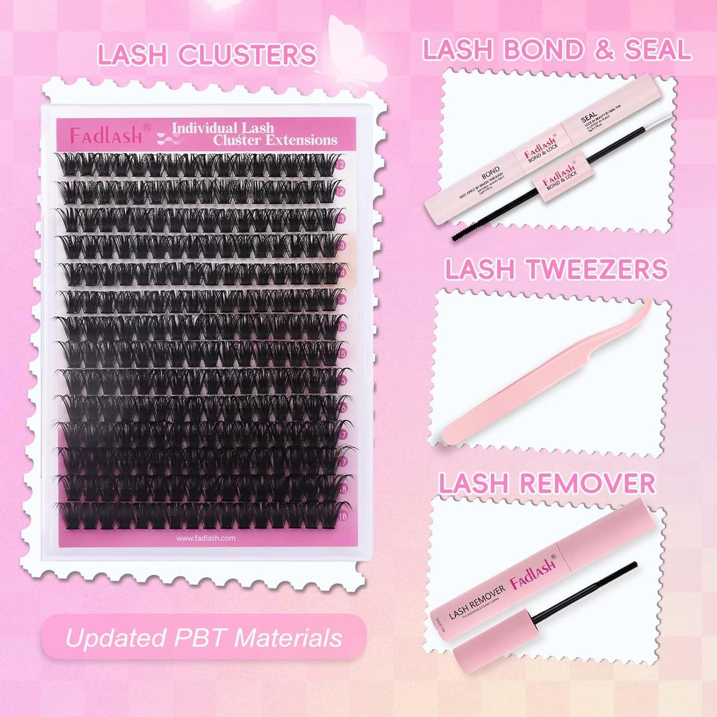 FADLASH Lash Extension DIY Kit Lash Clusters D Curl Cluster Lashes with Lash Bond and Seal Cluster Lashes Glue Remover Lash Tweezers for DIY Eyelash Extension at Home（Kit 100D-0.07D-12-18MIX）, black