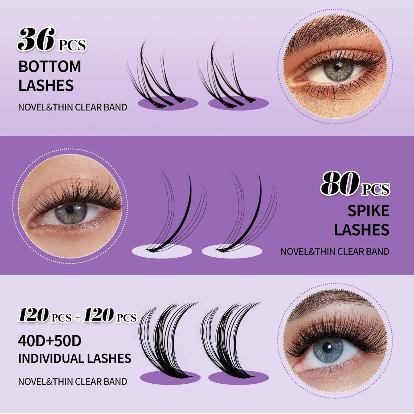 DIY Lash Extension Kit Lash Clusters With Bottom Lashes 20/30/40/50D 12-18mm Multi-types Individual Lashes Bond and Seal, Spike, Nature Volume Lashes Kit Lash Applicator(40/50 Kit)