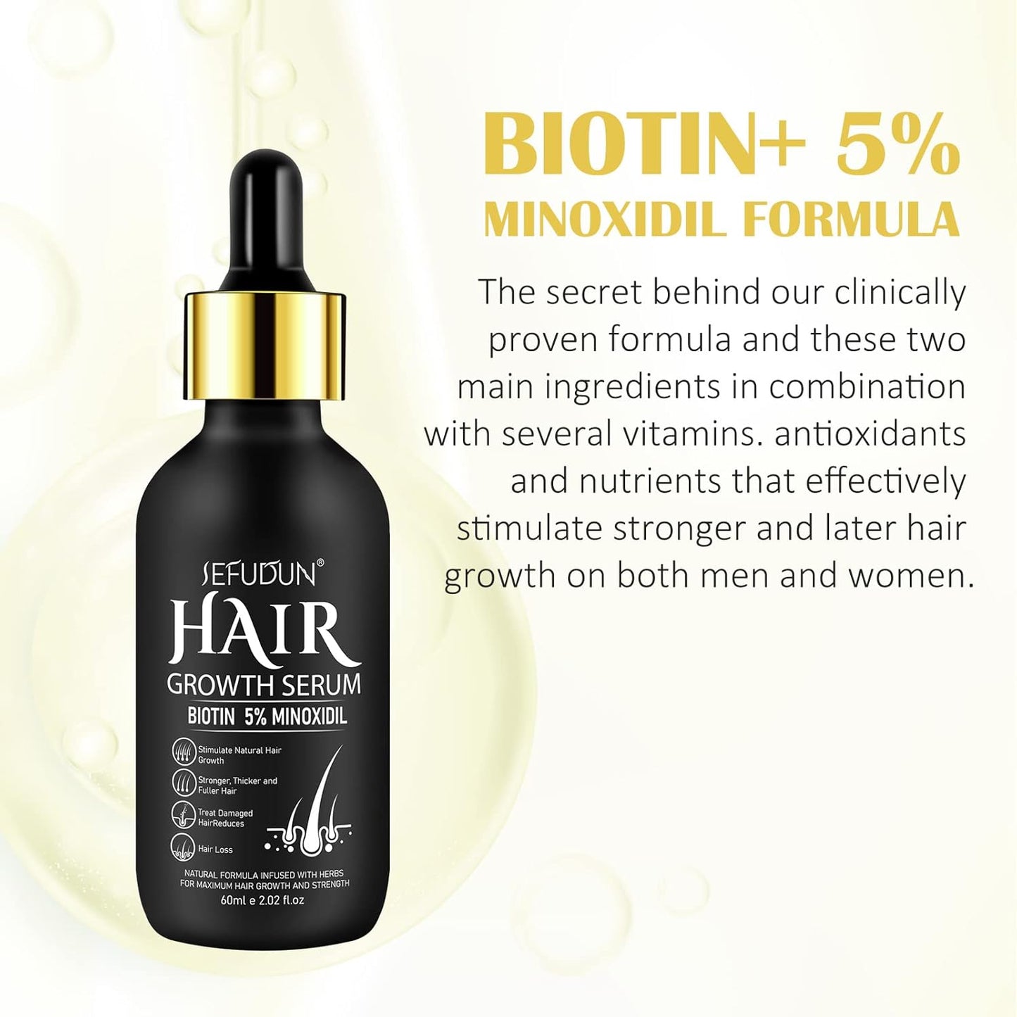 Minoxidil Hair Growth Serum for Men and Women, 5% Minoxidil with Biotin for Scalp Hair Loss and Thinning, Promotes Natural Thicker, Longer, Fuller Healthier Hair, 2.02 oz