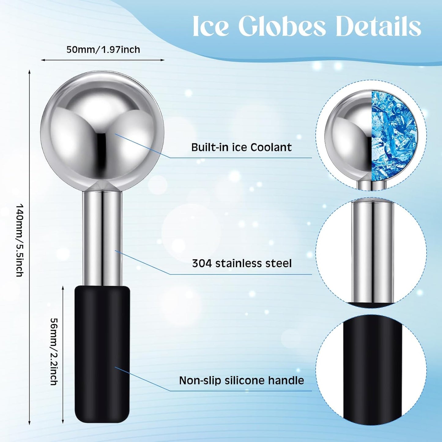 Baderke 2 Pcs Ice Globes for Face Stainless Steel Cooling Globes Unbreakable Cooling Roller Women Ice Balls Cryo Sticks Face Skin Care for Dark Circles, Puffiness(Silver (black Handle))