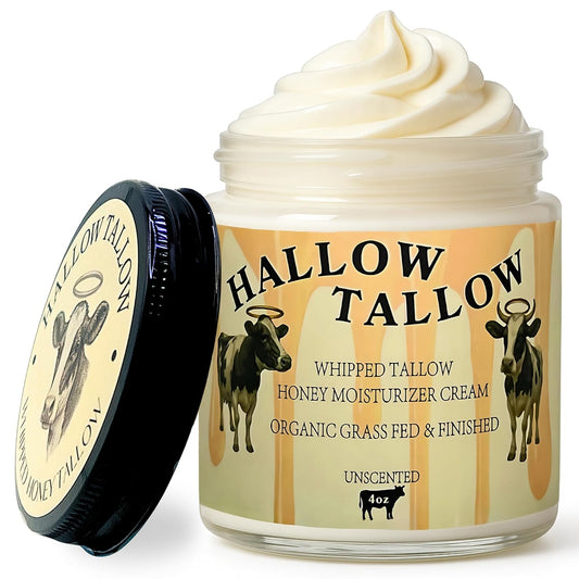Hallow Tallow Whipped Beef Tallow Moisturizer – 100% Grass-Fed & Finished Tallow Balm with Manuka Honey, Jojoba & Olive Oil, Calendula Extract – Natural Hydrating Face & Body Cream, 4oz