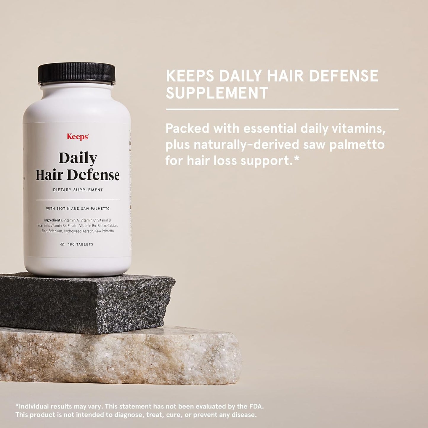 Keeps Daily Hair Supplement, 180 Tablets - Saw Palmetto Promotes Healthy Hair - Biotin, Vitamins A, B6, B12, C, D, Calcium, Selenium & Zinc - Men & Women - 3 Month Supply