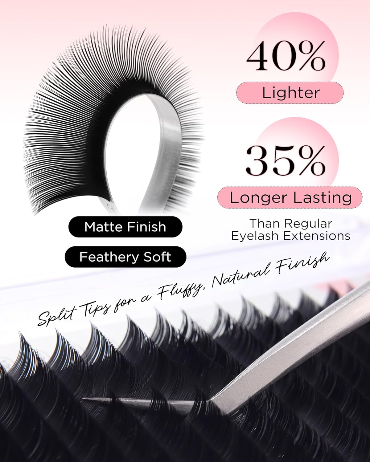 BEYELIAN Flat Eyelash Extension, Ellipse Lash Extensions 0.20 D Curl 16mm 16 Rows Matte Black Eyelash Extension Supplies Classic Lash Extensions Individual Eyelashes Salon Use