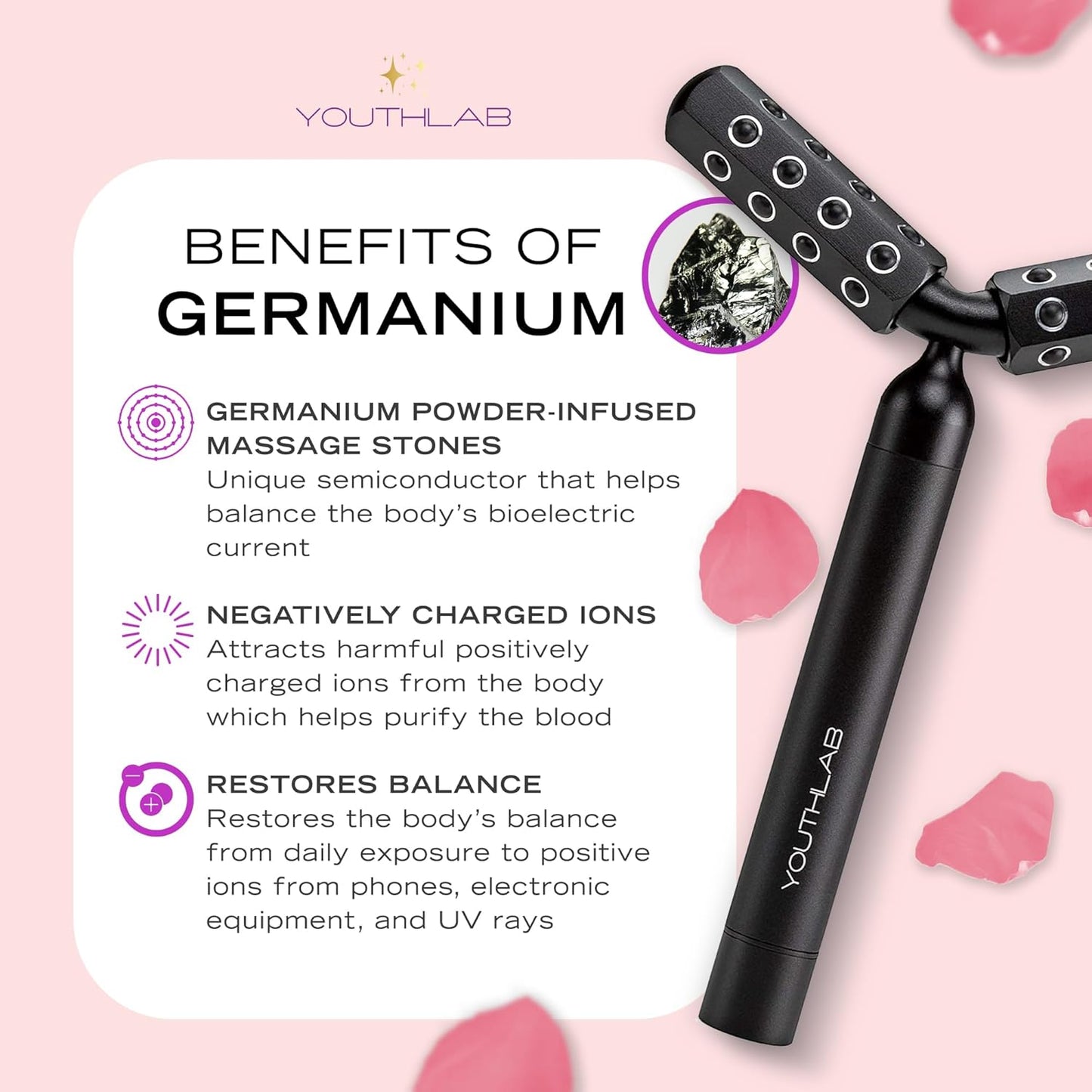 Revolution Roller - Germanium Stone Uplifting Face/Body Beauty Massage Tool/Roller/Wand for Skin Tightening/Firming, De-Puffing, Anti-Aging (Black)